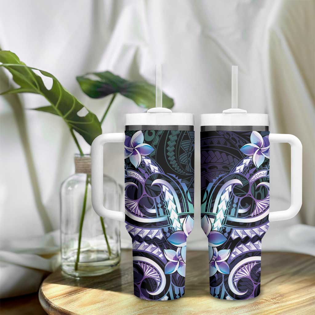 Polynesian Art Tattoo Tumbler With Handle Plumeria Flowers Turquoise Gradient
