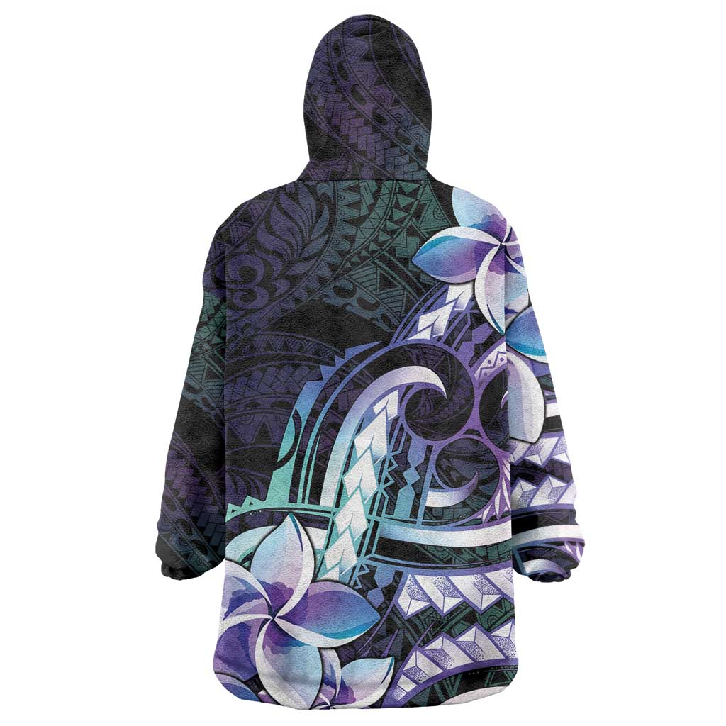 Polynesian Art Tattoo Wearable Blanket Hoodie Plumeria Flowers Turquoise Gradient