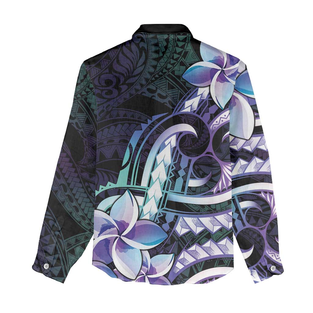 Polynesian Art Tattoo Women Casual Shirt Plumeria Flowers Turquoise Gradient