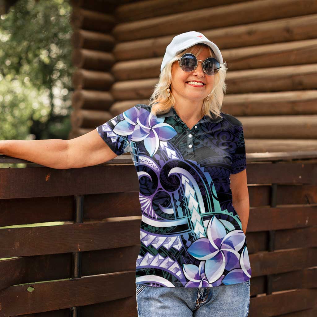 Polynesian Art Tattoo Women Polo Shirt Plumeria Flowers Turquoise Gradient