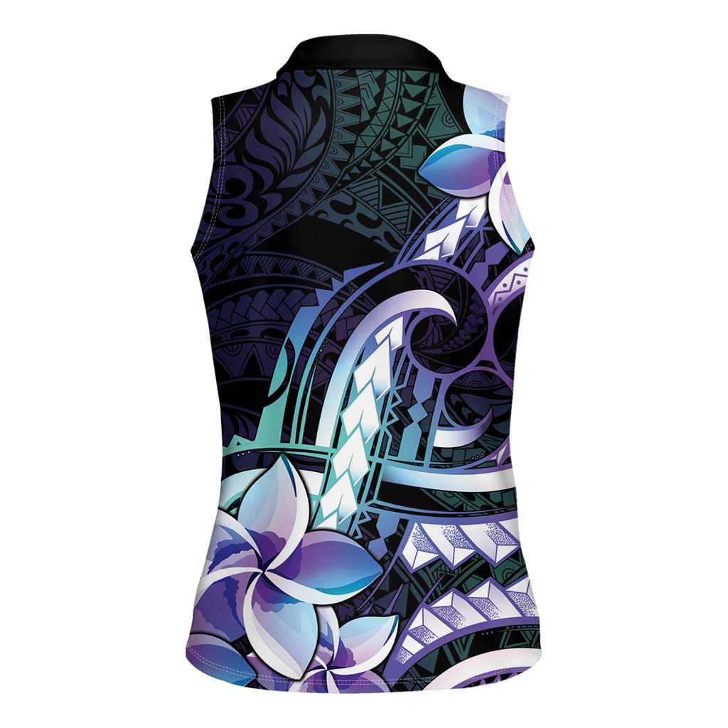Polynesian Art Tattoo Women Sleeveless Polo Shirt Plumeria Flowers Turquoise Gradient