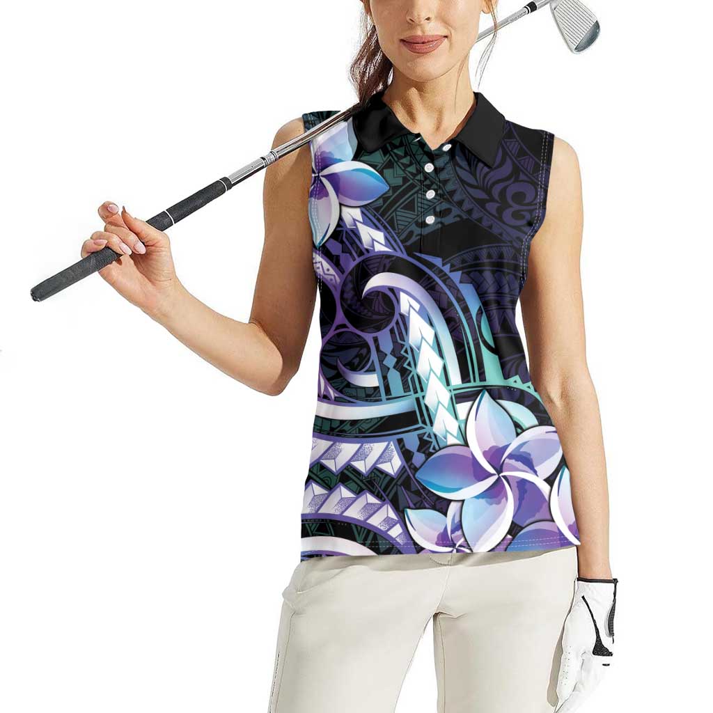 Polynesian Art Tattoo Women Sleeveless Polo Shirt Plumeria Flowers Turquoise Gradient