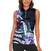 Polynesian Art Tattoo Women Sleeveless Polo Shirt Plumeria Flowers Turquoise Gradient