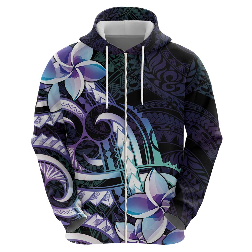 Polynesian Art Tattoo Zip Hoodie Plumeria Flowers Turquoise Gradient LT05 - Polynesian Pride