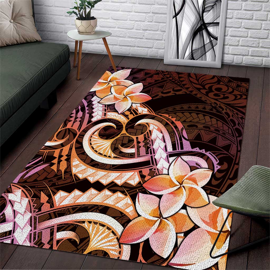 Polynesian Art Tattoo Area Rug Plumeria Flowers Peach Gradient