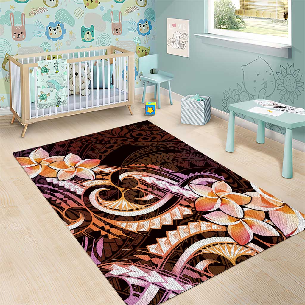 Polynesian Art Tattoo Area Rug Plumeria Flowers Peach Gradient