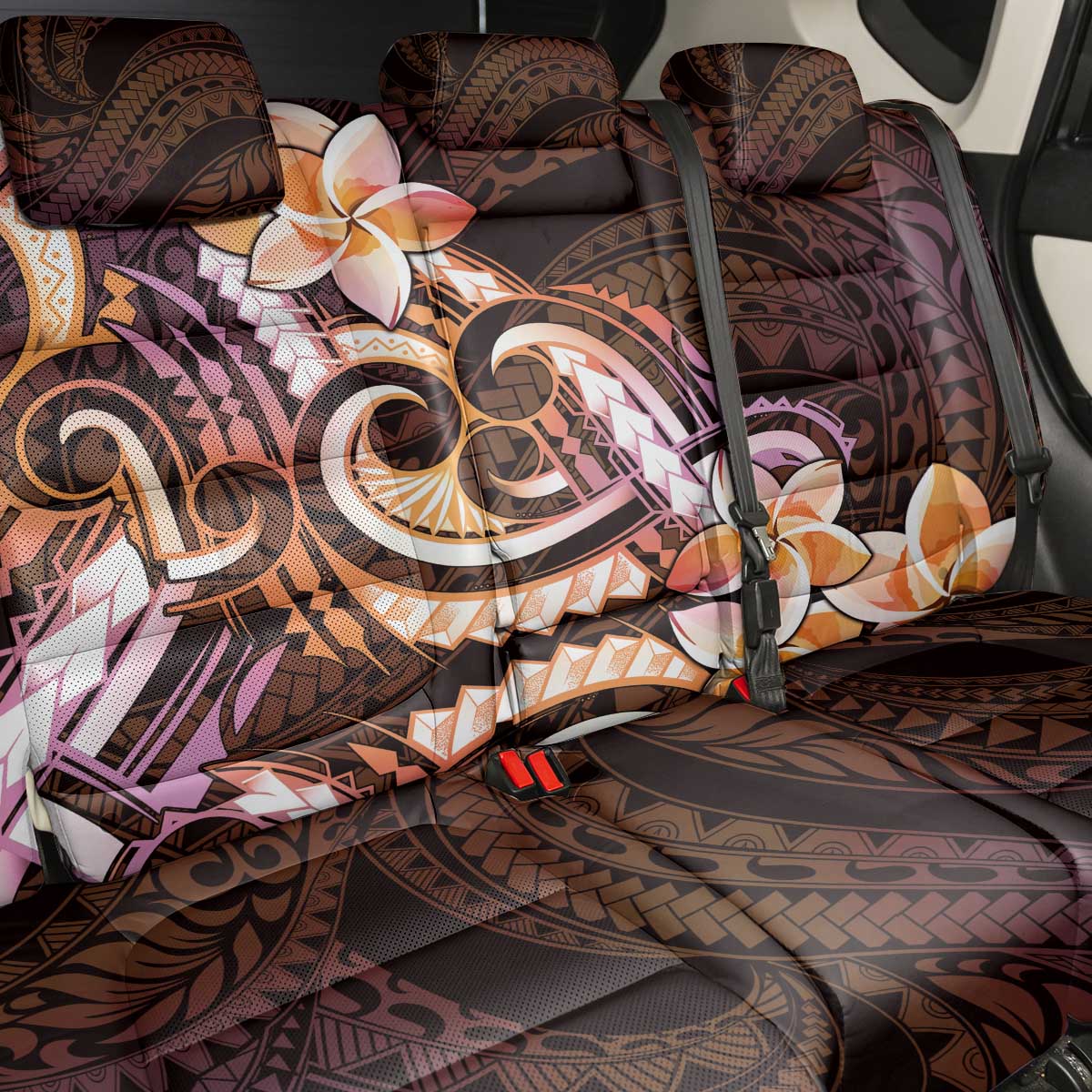 Polynesian Art Tattoo Back Car Seat Cover Plumeria Flowers Peach Gradient