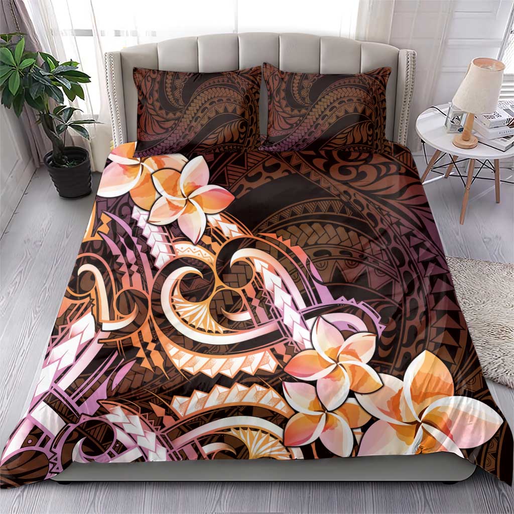 Polynesian Art Tattoo Bedding Set Plumeria Flowers Peach Gradient