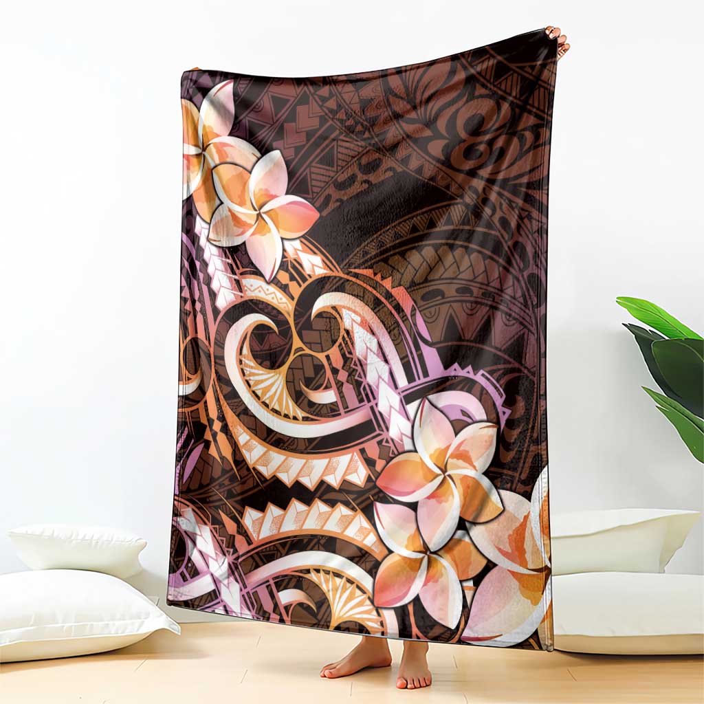 Polynesian Art Tattoo Blanket Plumeria Flowers Peach Gradient