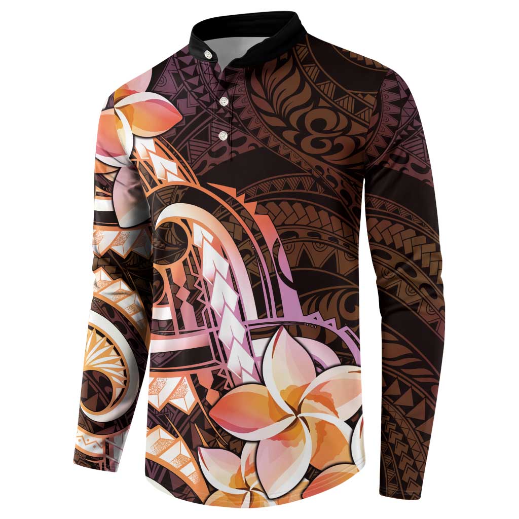 Polynesian Art Tattoo Button Sweatshirt Plumeria Flowers Peach Gradient