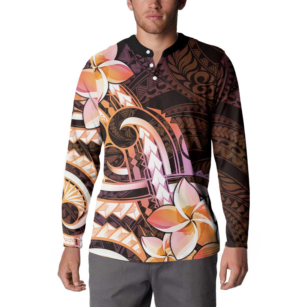 Polynesian Art Tattoo Button Sweatshirt Plumeria Flowers Peach Gradient