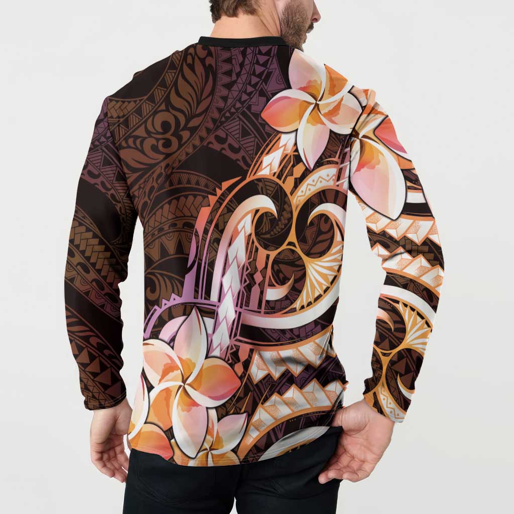 Polynesian Art Tattoo Button Sweatshirt Plumeria Flowers Peach Gradient