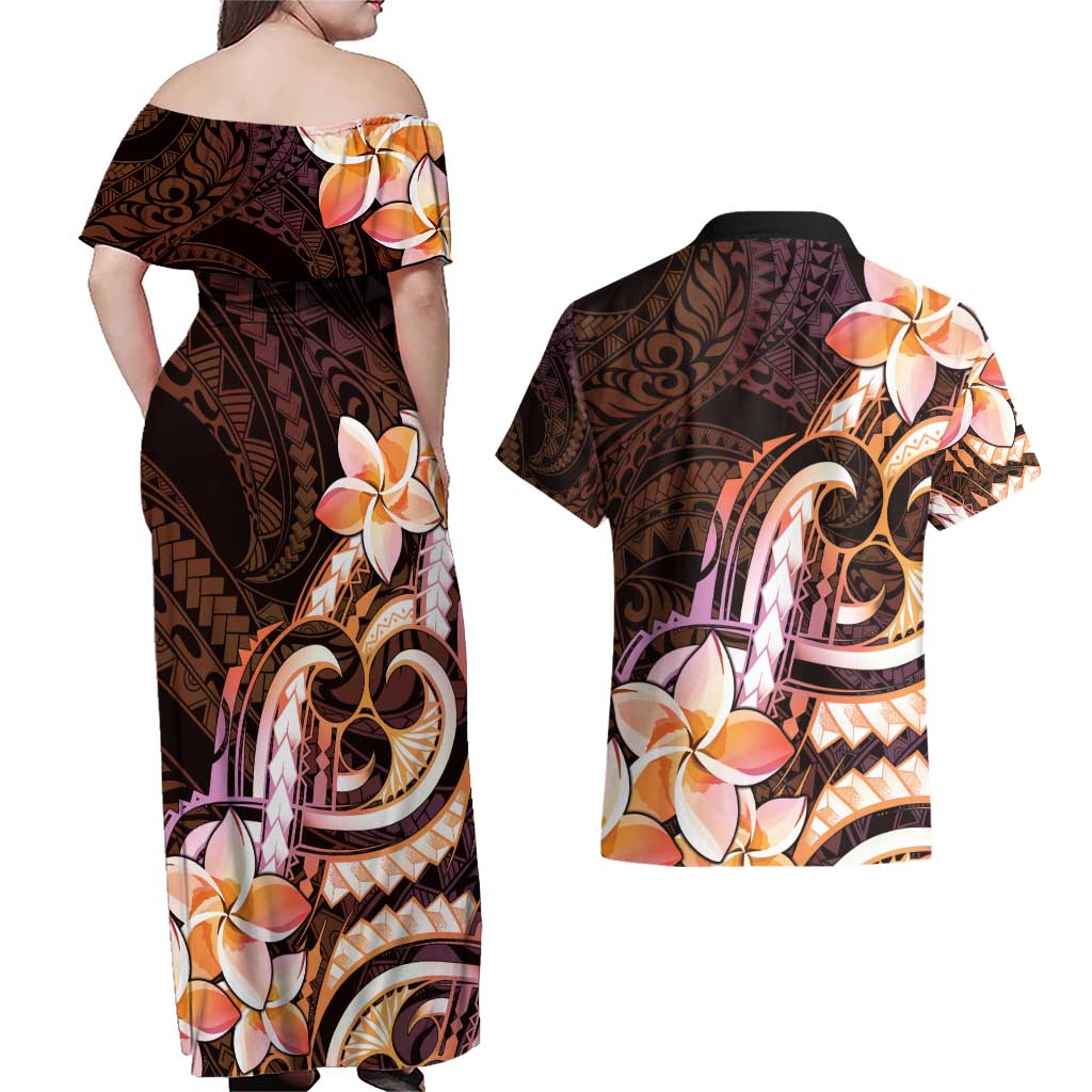 Polynesian Art Tattoo Couples Matching Off Shoulder Maxi Dress and Hawaiian Shirt Plumeria Flowers Peach Gradient