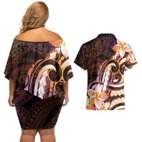 Polynesian Art Tattoo Couples Matching Off Shoulder Short Dress and Hawaiian Shirt Plumeria Flowers Peach Gradient