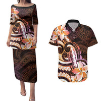 Polynesian Art Tattoo Couples Matching Puletasi and Hawaiian Shirt Plumeria Flowers Peach Gradient