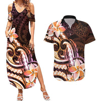 Polynesian Art Tattoo Couples Matching Summer Maxi Dress and Hawaiian Shirt Plumeria Flowers Peach Gradient