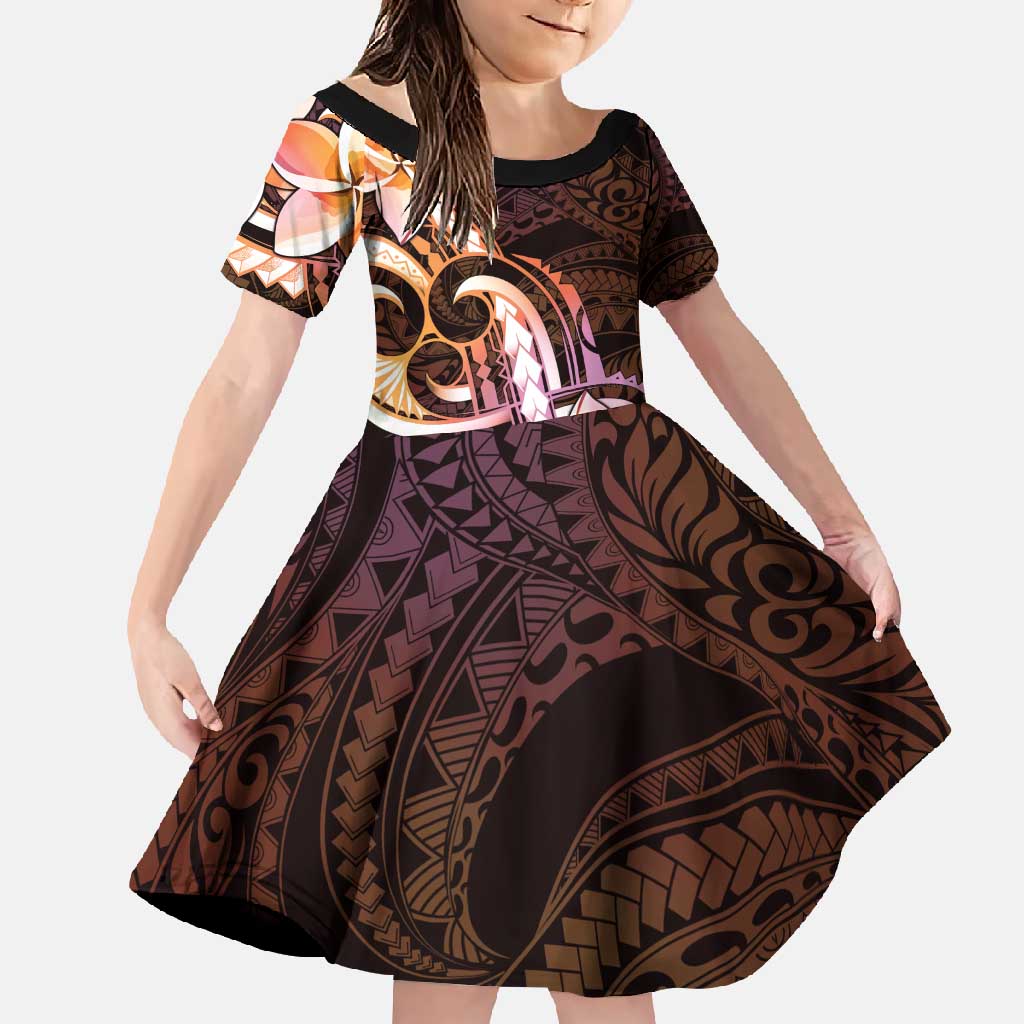 Polynesian Art Tattoo Family Matching Long Sleeve Bodycon Dress and Hawaiian Shirt Plumeria Flowers Peach Gradient LT05 Daughter's Dress Peach - Polynesian Pride