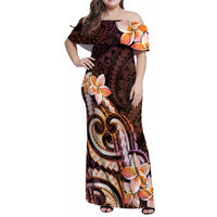 Polynesian Art Tattoo Family Matching Off Shoulder Maxi Dress and Hawaiian Shirt Plumeria Flowers Peach Gradient