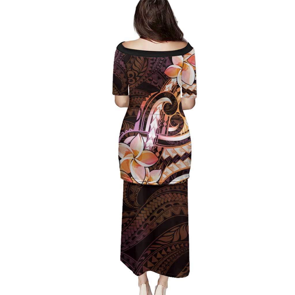 Polynesian Art Tattoo Family Matching Puletasi and Hawaiian Shirt Plumeria Flowers Peach Gradient