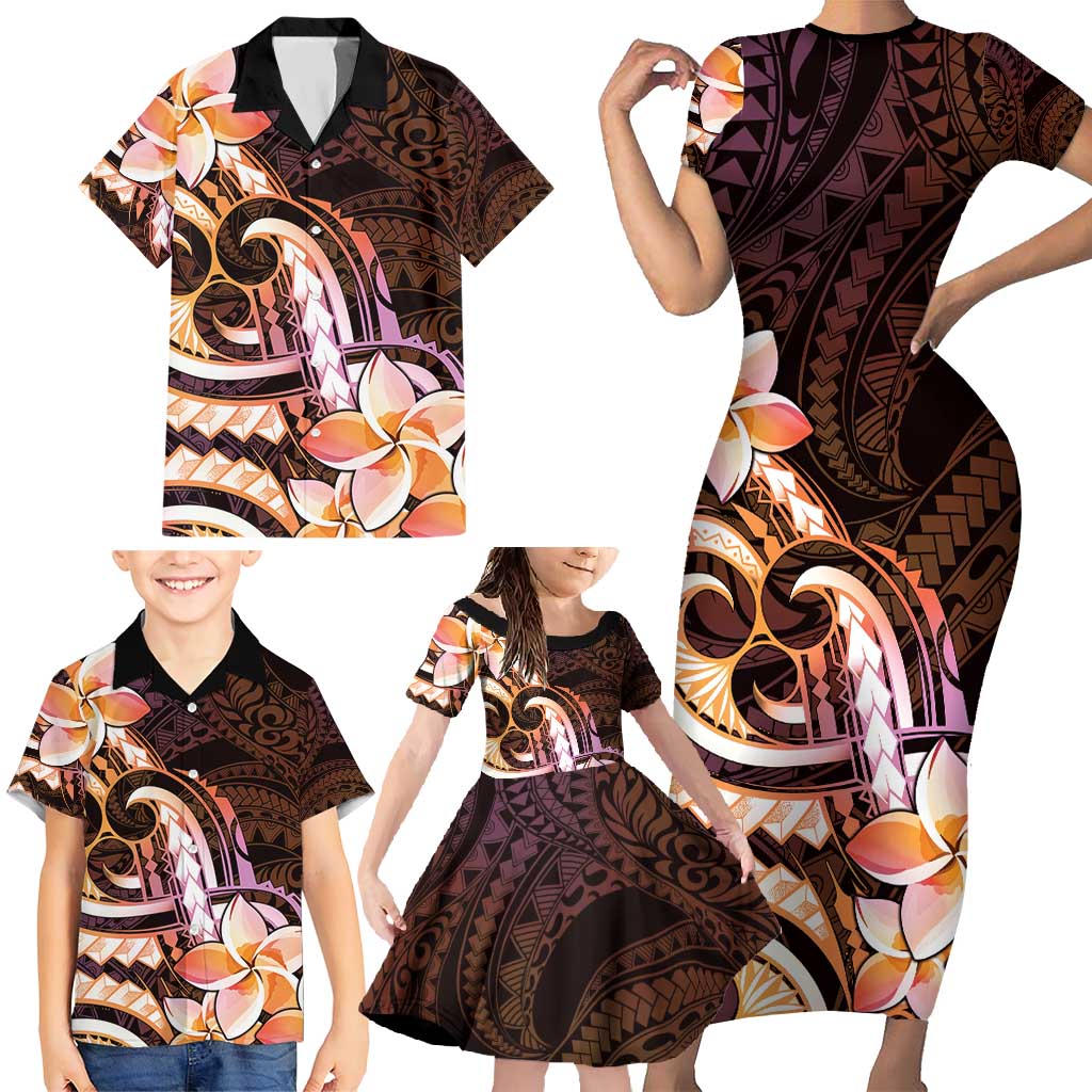 Polynesian Art Tattoo Family Matching Short Sleeve Bodycon Dress and Hawaiian Shirt Plumeria Flowers Peach Gradient