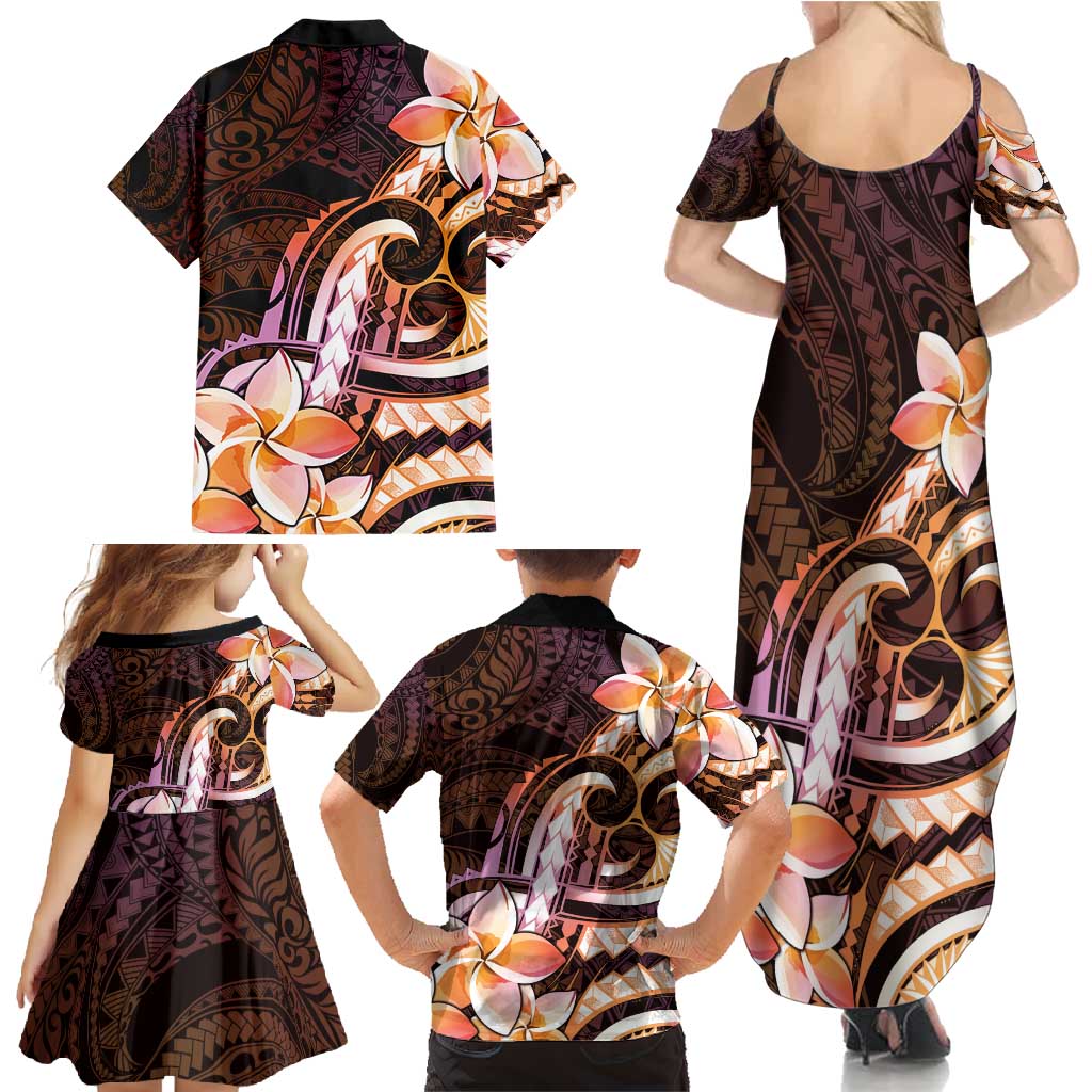 Polynesian Art Tattoo Family Matching Summer Maxi Dress and Hawaiian Shirt Plumeria Flowers Peach Gradient