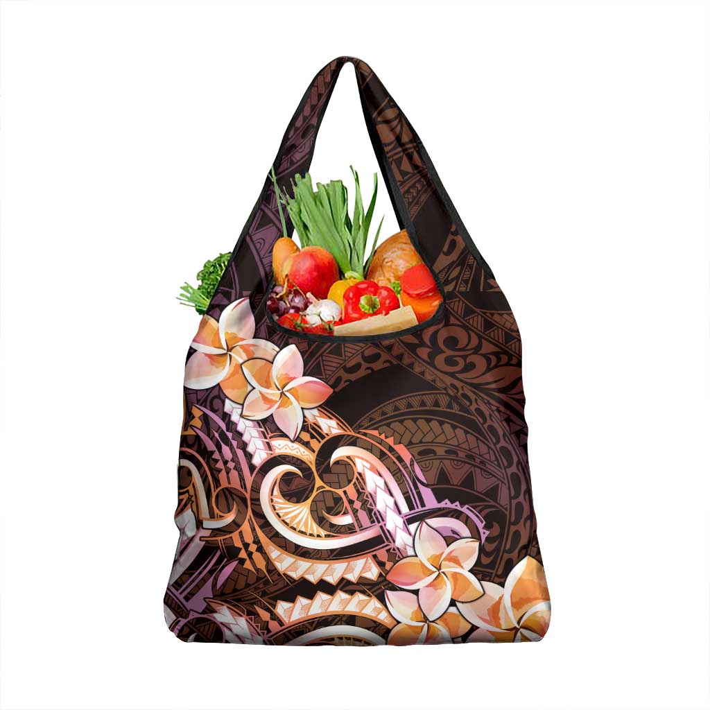 Polynesian Art Tattoo Grocery Bag Plumeria Flowers Peach Gradient