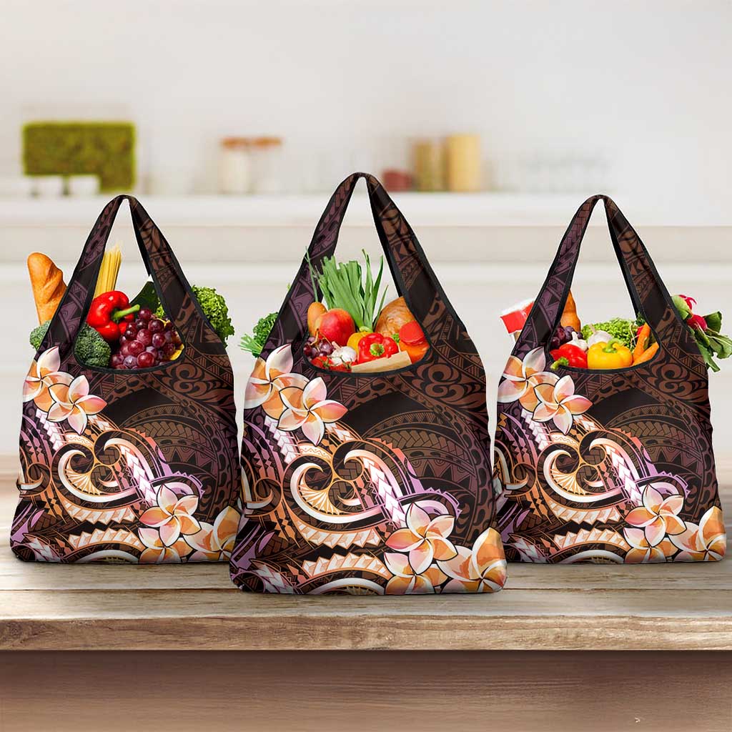 Polynesian Art Tattoo Grocery Bag Plumeria Flowers Peach Gradient