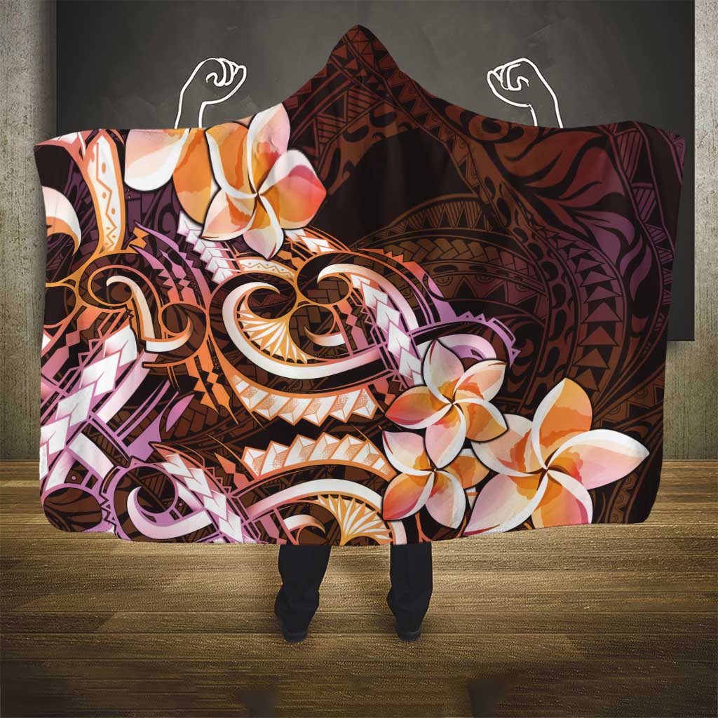 Polynesian Art Tattoo Hooded Blanket Plumeria Flowers Peach Gradient