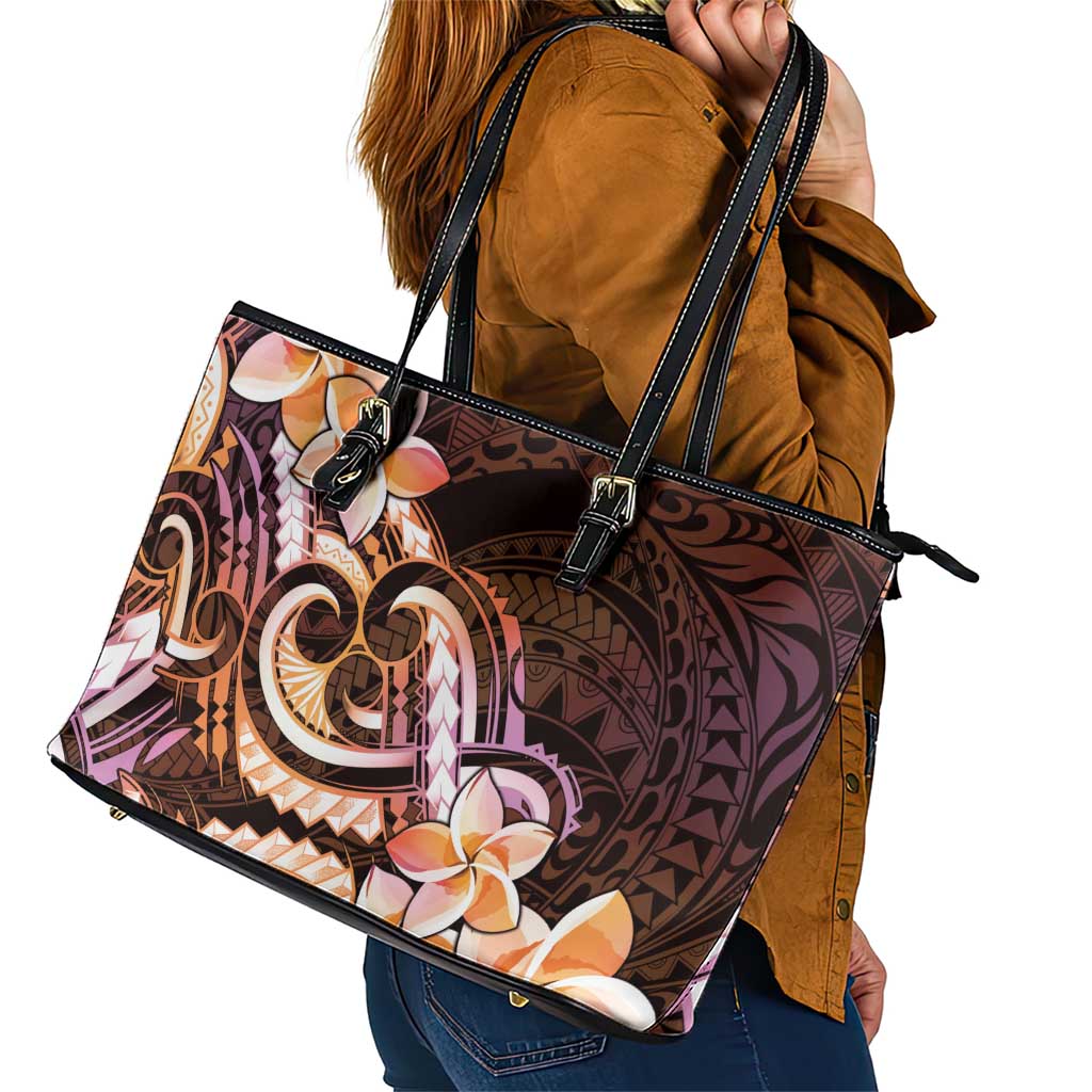 Polynesian Art Tattoo Leather Tote Bag Plumeria Flowers Peach Gradient LT05 - Polynesian Pride