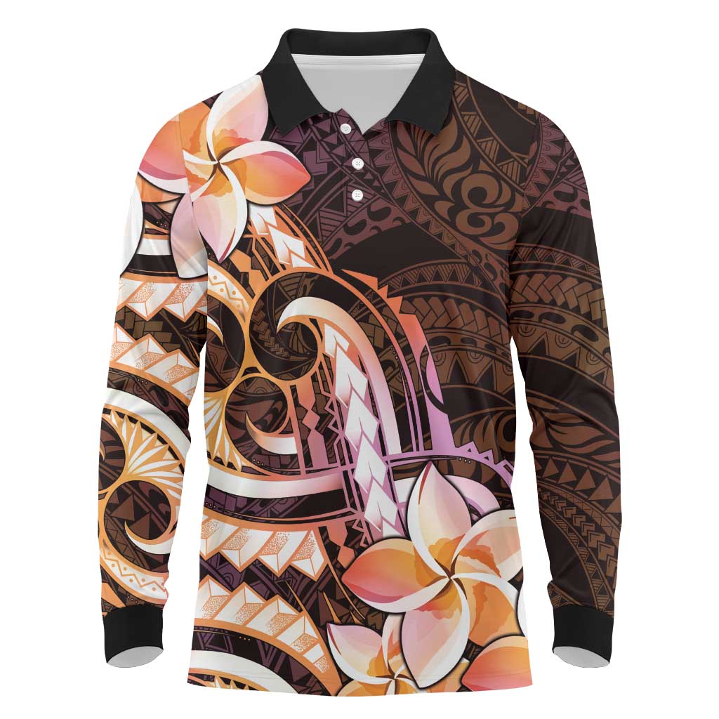 Polynesian Art Tattoo Long Sleeve Polo Shirt Plumeria Flowers Peach Gradient