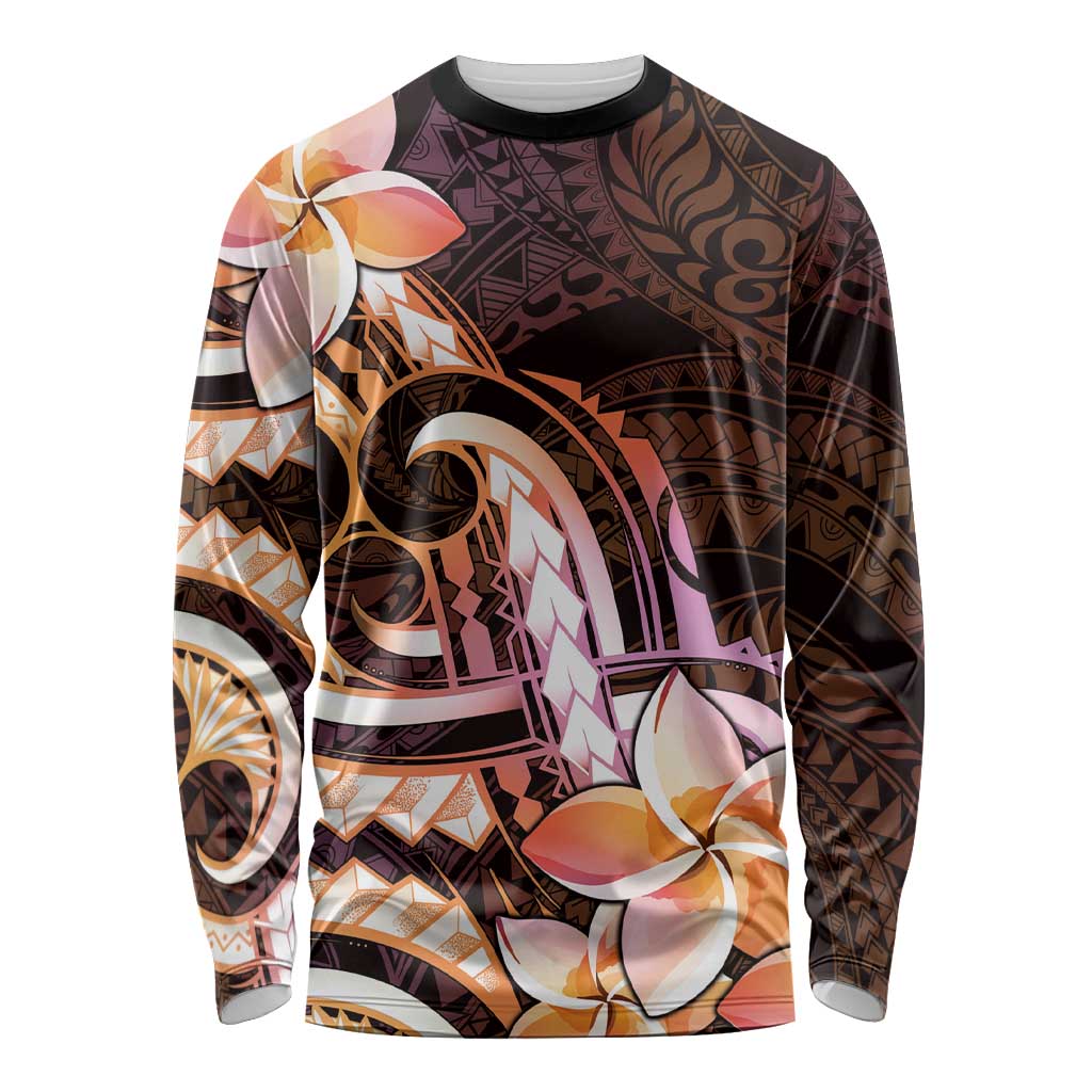 Polynesian Art Tattoo Long Sleeve Shirt Plumeria Flowers Peach Gradient