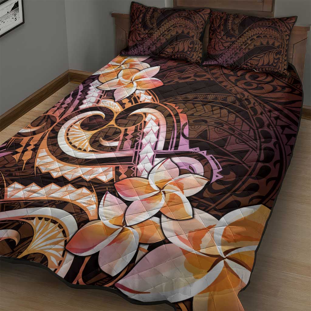 Polynesian Art Tattoo Quilt Bed Set Plumeria Flowers Peach Gradient