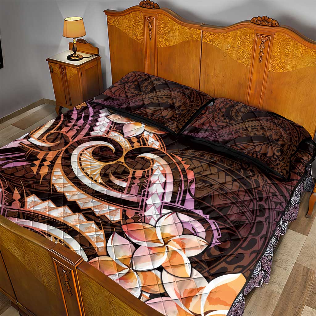 Polynesian Art Tattoo Quilt Bed Set Plumeria Flowers Peach Gradient