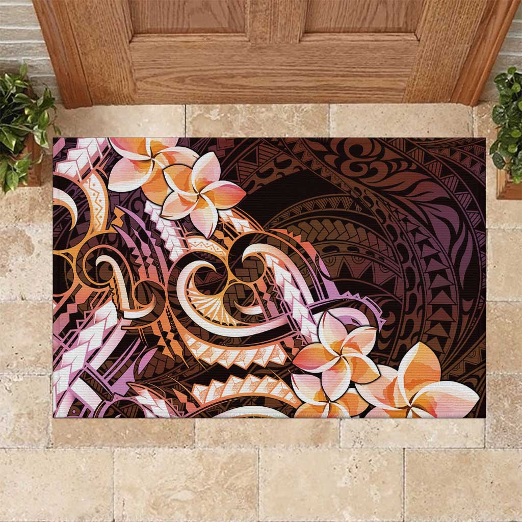 Polynesian Art Tattoo Rubber Doormat Plumeria Flowers Peach Gradient