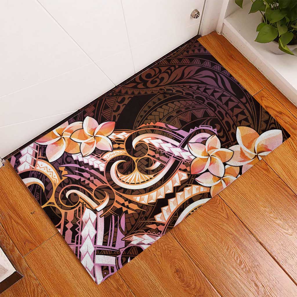 Polynesian Art Tattoo Rubber Doormat Plumeria Flowers Peach Gradient