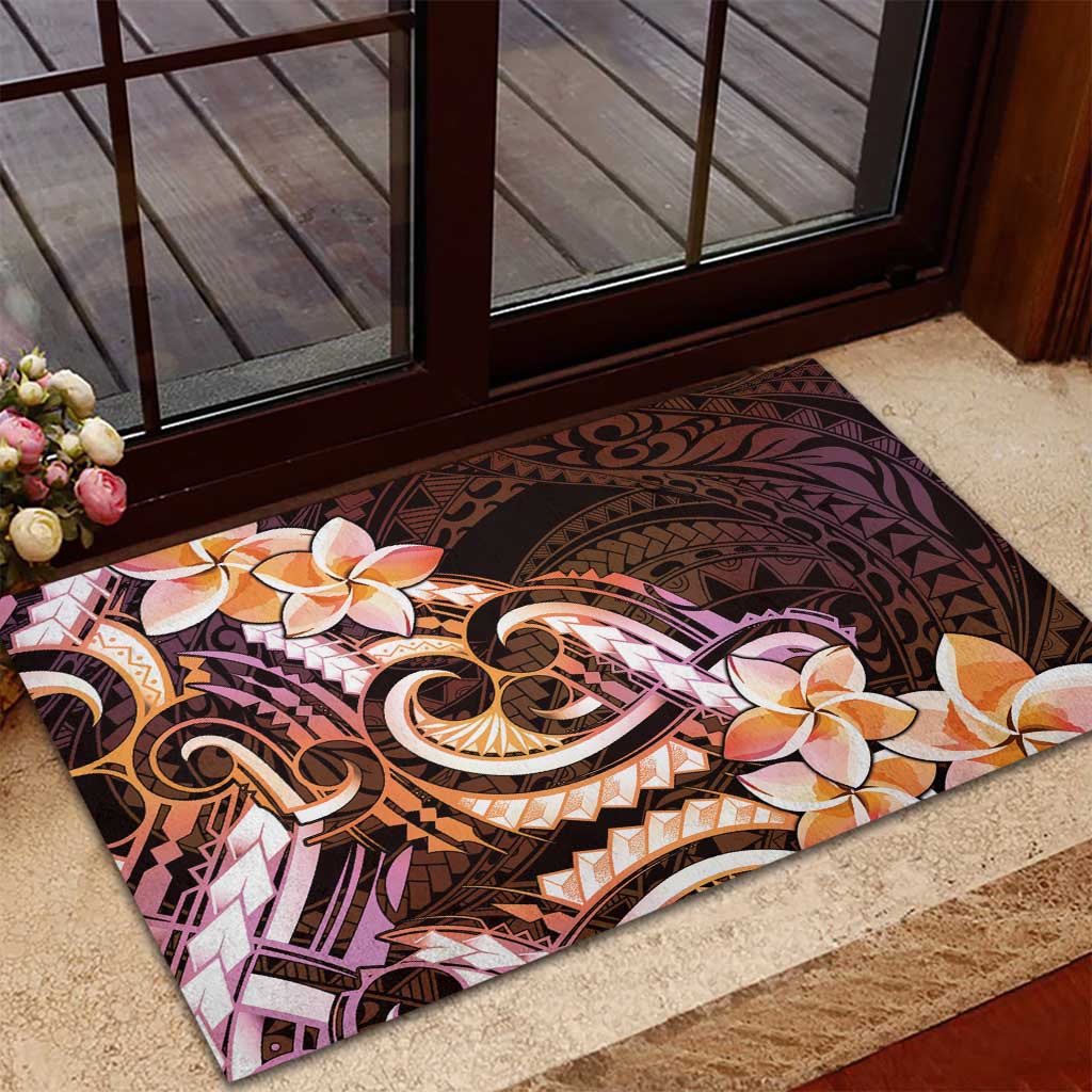 Polynesian Art Tattoo Rubber Doormat Plumeria Flowers Peach Gradient
