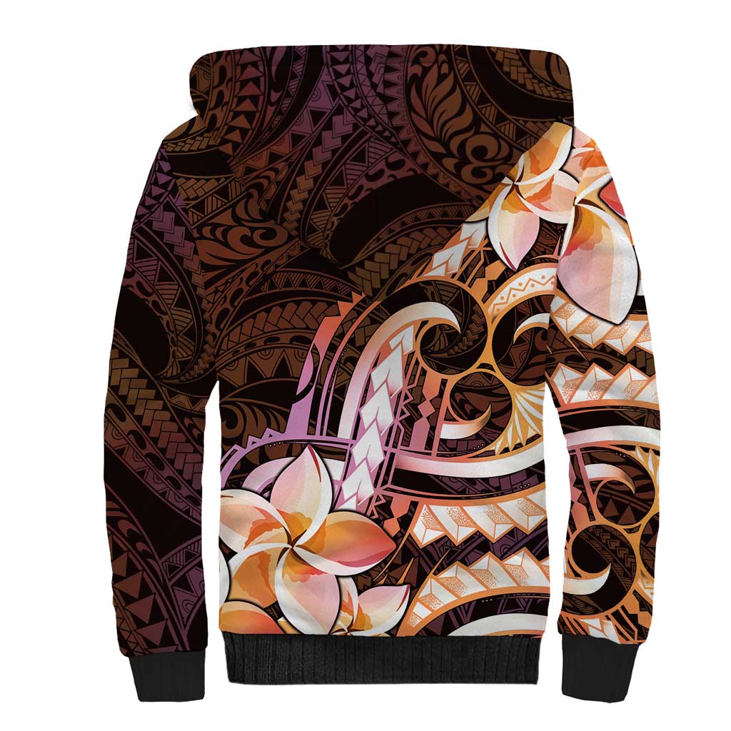 Polynesian Art Tattoo Sherpa Hoodie Plumeria Flowers Peach Gradient