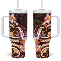 Polynesian Art Tattoo Tumbler With Handle Plumeria Flowers Peach Gradient