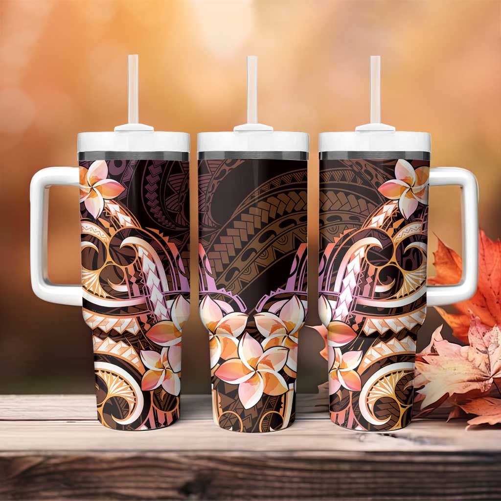 Polynesian Art Tattoo Tumbler With Handle Plumeria Flowers Peach Gradient