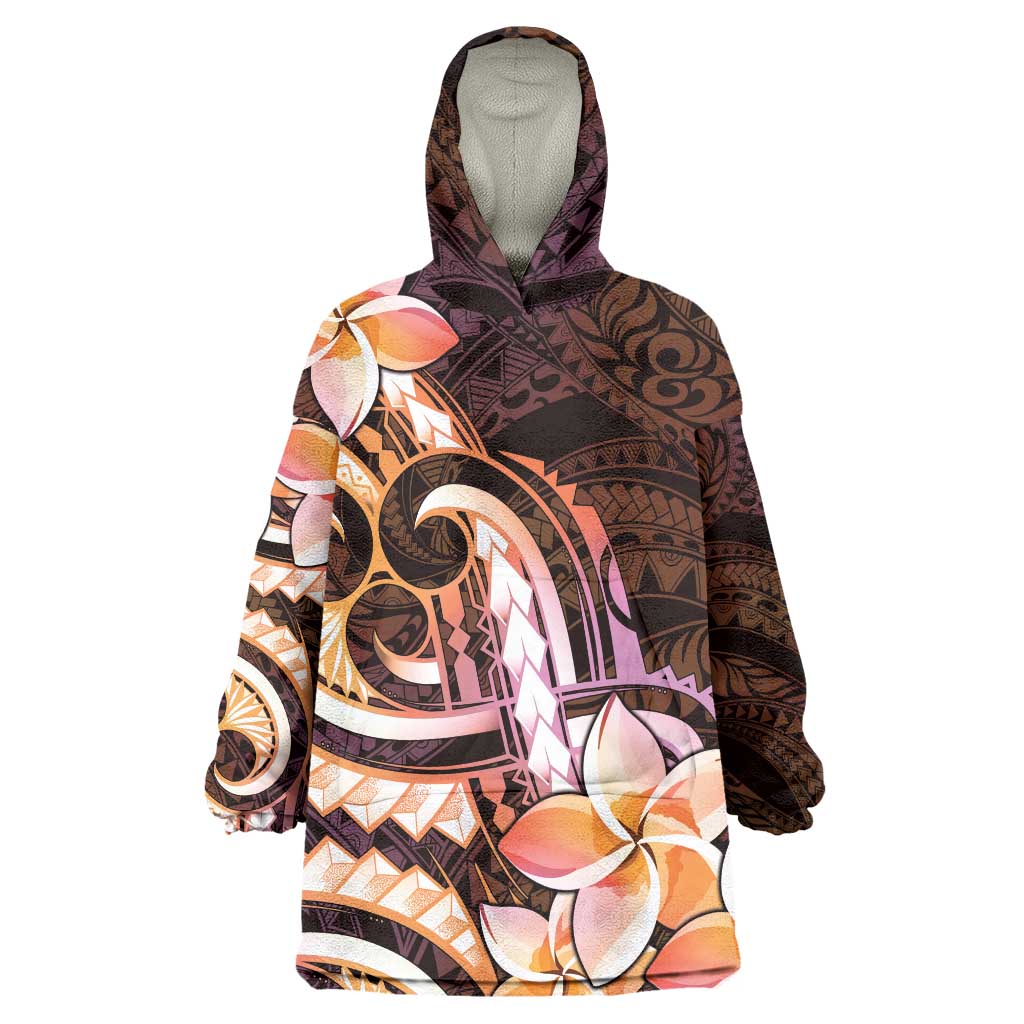 Polynesian Art Tattoo Wearable Blanket Hoodie Plumeria Flowers Peach Gradient LT05 One Size Peach - Polynesian Pride