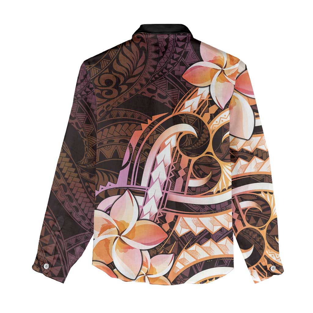 Polynesian Art Tattoo Women Casual Shirt Plumeria Flowers Peach Gradient