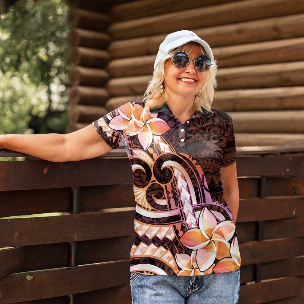 Polynesian Art Tattoo Women Polo Shirt Plumeria Flowers Peach Gradient
