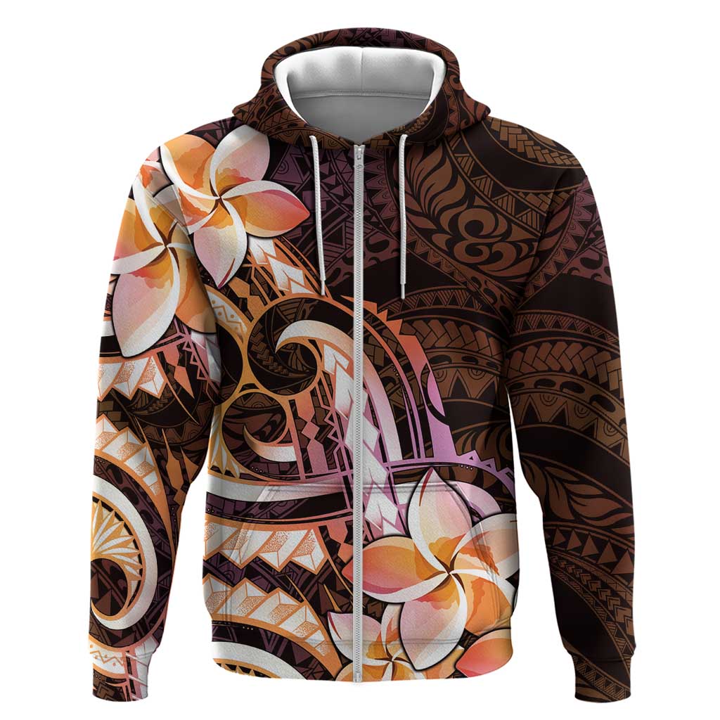 Polynesian Art Tattoo Zip Hoodie Plumeria Flowers Peach Gradient LT05 Zip Hoodie Peach - Polynesian Pride