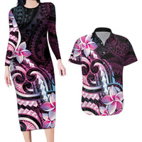 Polynesian Art Tattoo Couples Matching Long Sleeve Bodycon Dress and Hawaiian Shirt Plumeria Flowers Pink Gradient