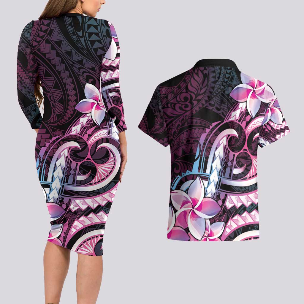 Polynesian Art Tattoo Couples Matching Long Sleeve Bodycon Dress and Hawaiian Shirt Plumeria Flowers Pink Gradient