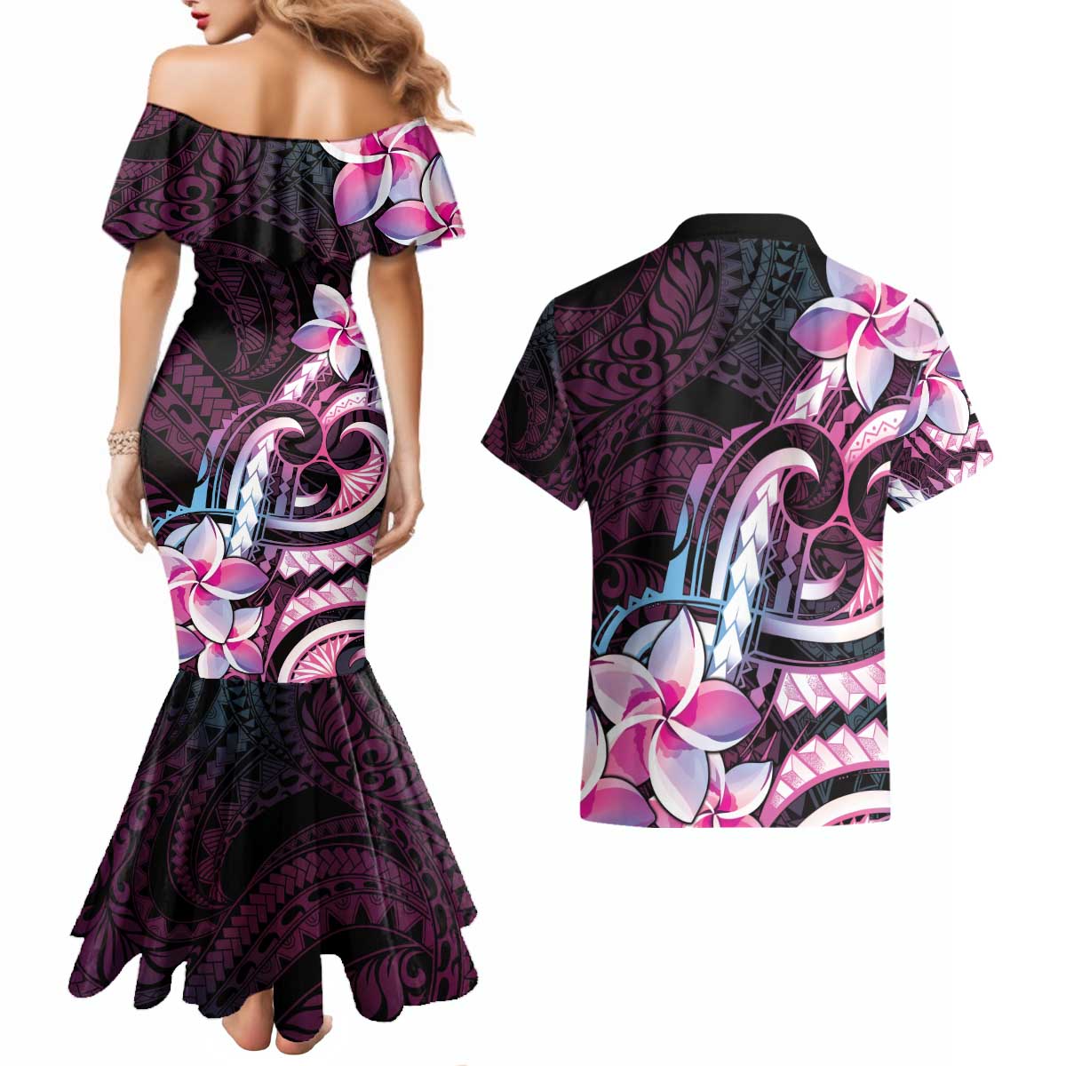 Polynesian Art Tattoo Couples Matching Mermaid Dress and Hawaiian Shirt Plumeria Flowers Pink Gradient