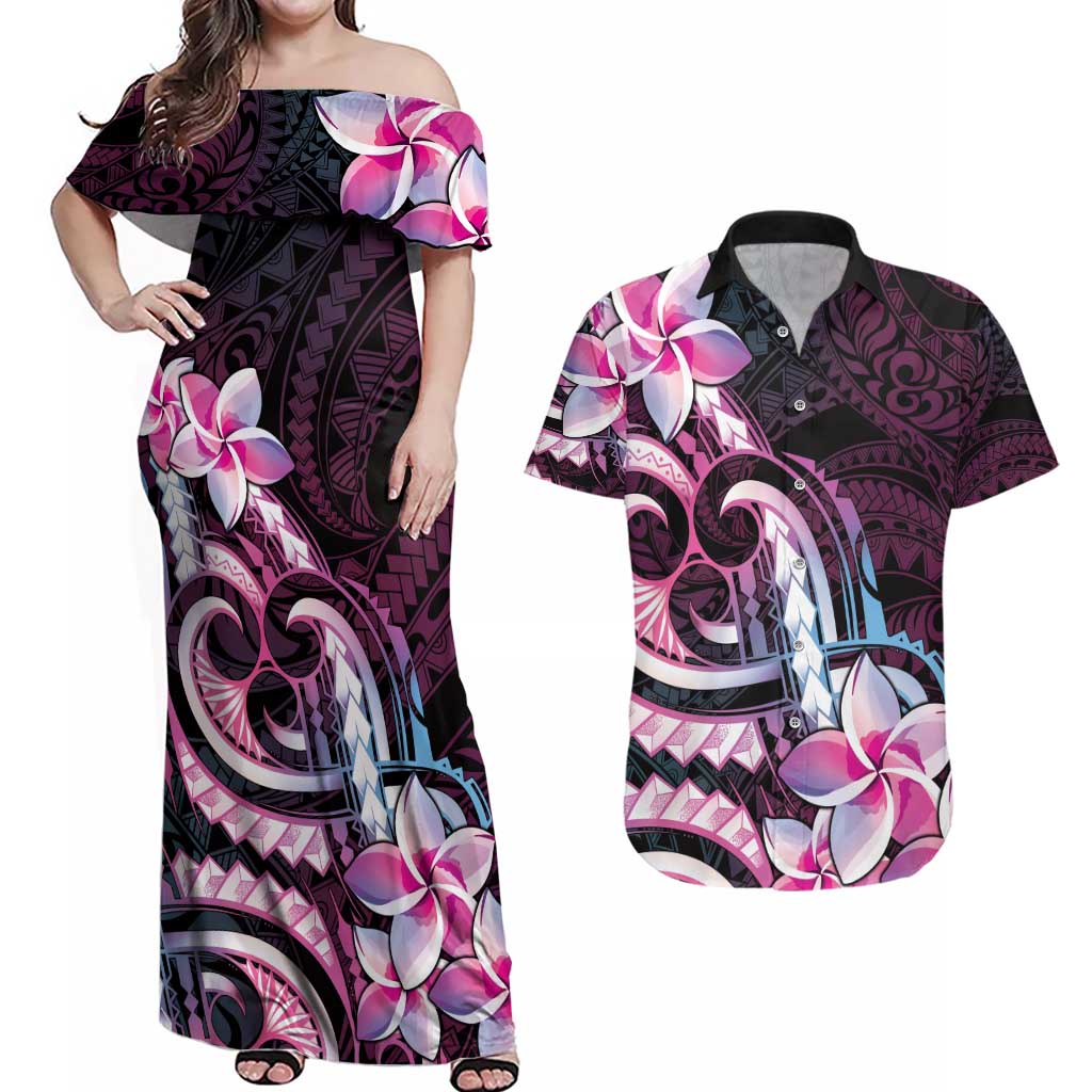 Polynesian Art Tattoo Couples Matching Off Shoulder Maxi Dress and Hawaiian Shirt Plumeria Flowers Pink Gradient