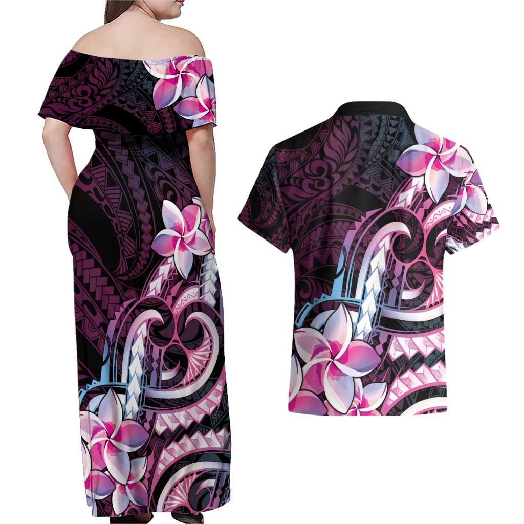 Polynesian Art Tattoo Couples Matching Off Shoulder Maxi Dress and Hawaiian Shirt Plumeria Flowers Pink Gradient
