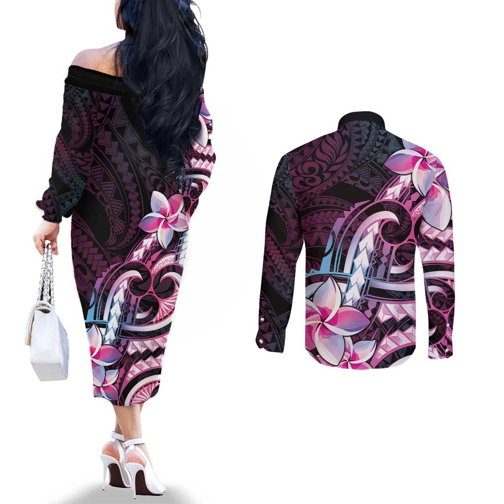 Polynesian Art Tattoo Couples Matching Off The Shoulder Long Sleeve Dress and Long Sleeve Button Shirt Plumeria Flowers Pink Gradient