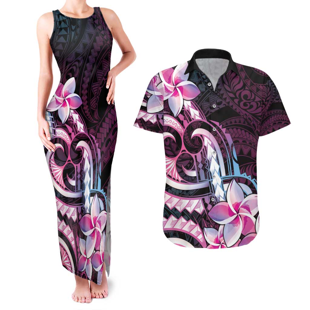 Polynesian Art Tattoo Couples Matching Tank Maxi Dress and Hawaiian Shirt Plumeria Flowers Pink Gradient